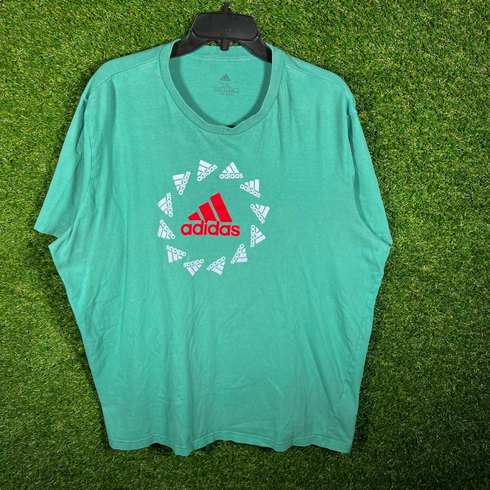 Adidas Mens 2XL Graphic T-Shirt Teal Green Red Logo Circle Short Sleeve‎